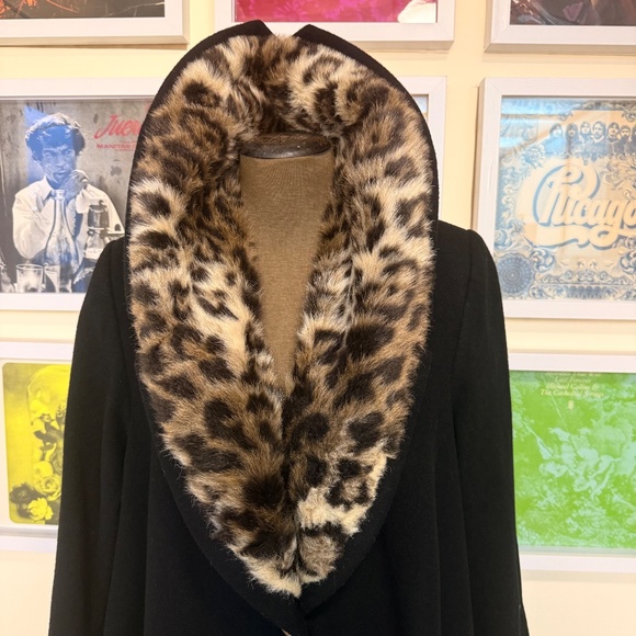 Vintage Black Swing Coat w/ Leopard Faux-Fur Shawl Collar - Picture 8 of 13